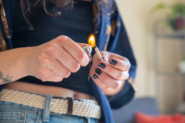 Person lighting a joint with a lighter