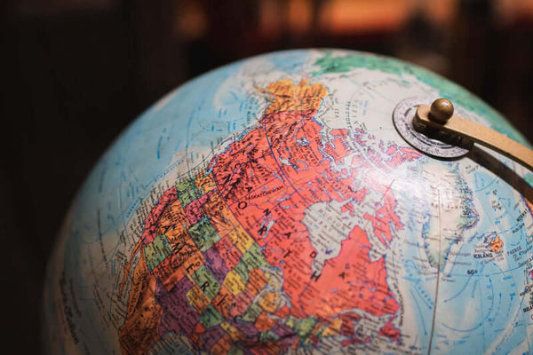 Close-up of a globe showing the USA and Canada