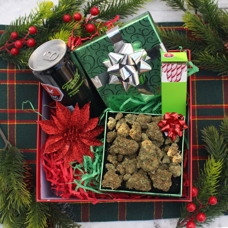 Various weed gifts displayed in a box