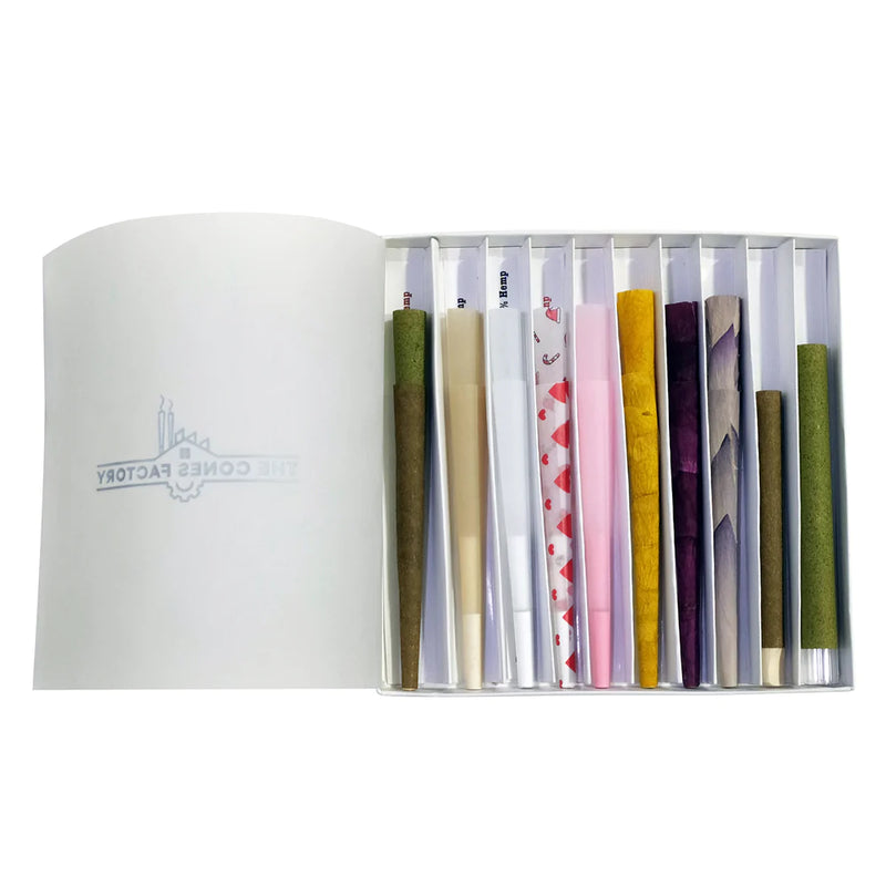An assortment of colorful joints in a white box
