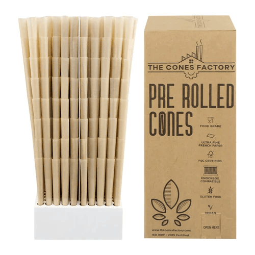 Full box of tan cones for pre rolled joint packs.