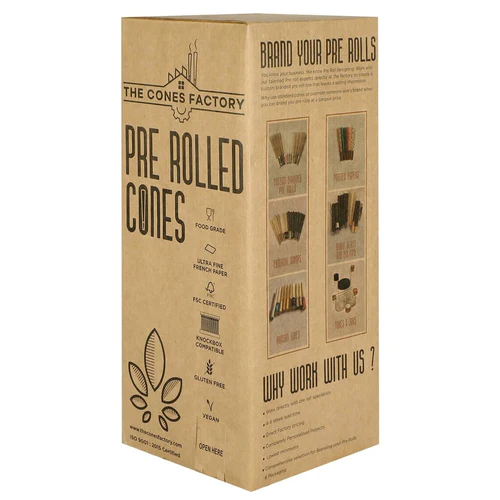 Front and right side of box of hemp cones.