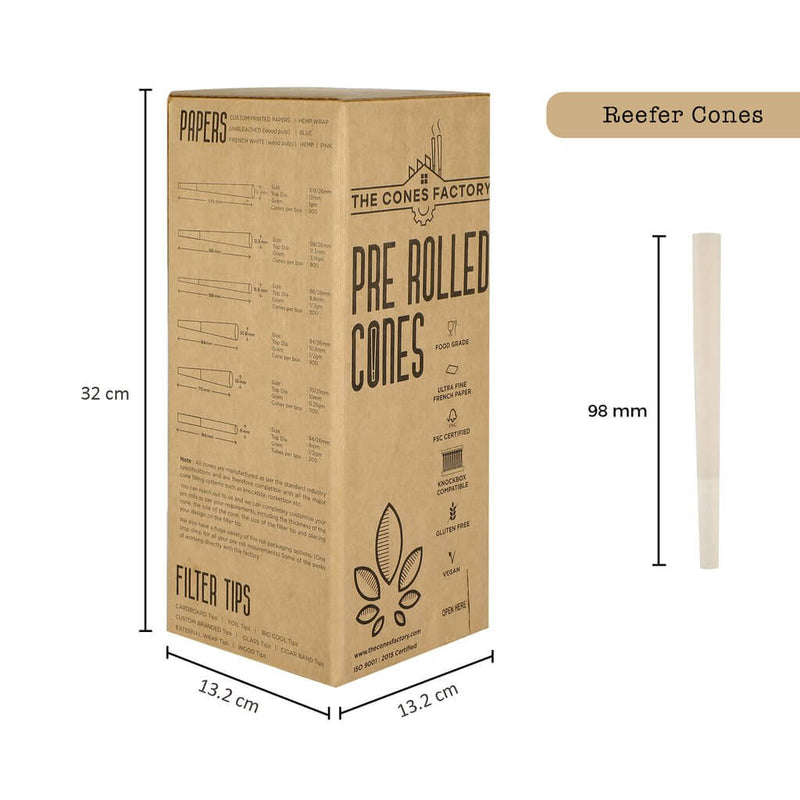 98MM REEFER PRE ROLLED CONES, BOX OF 1000 CONES, 100% HEMP