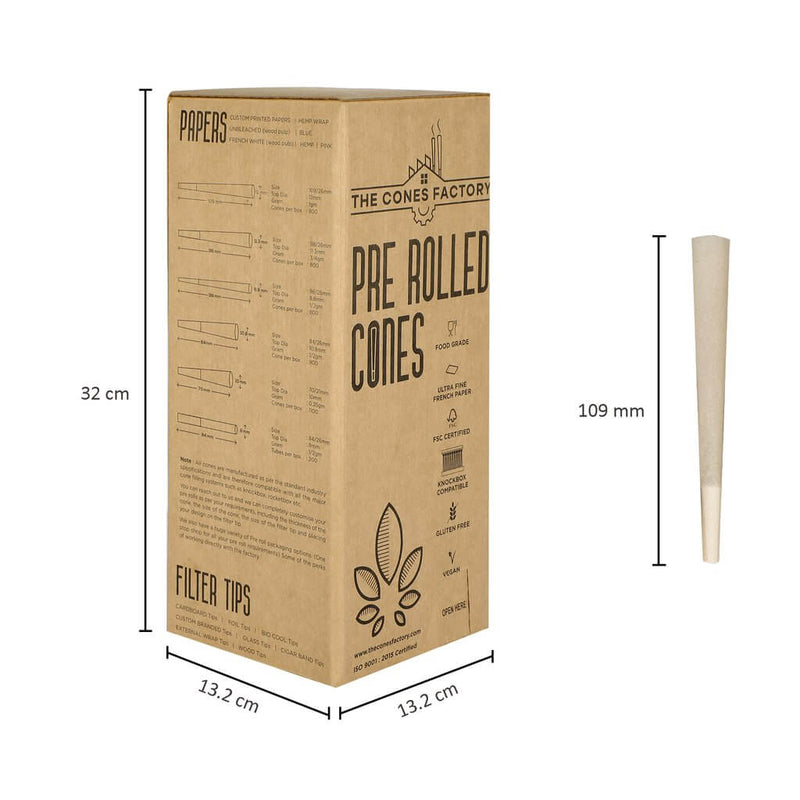 KING SIZE 109MM PRE ROLLED CONES, BOX OF 800 CONES, 100% HEMP
