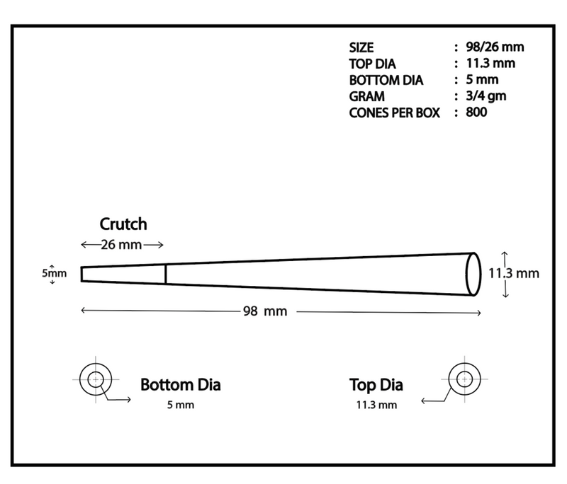 98MM PRE ROLLED CONES, BOX OF 800 CONES, 100% HEMP