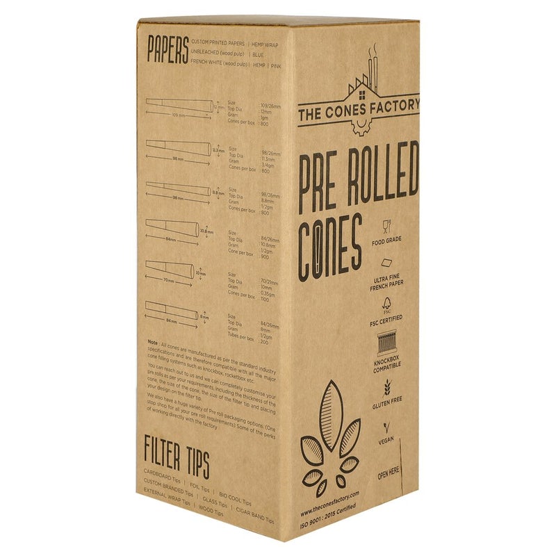 98MM PRE ROLLED CONES, BOX OF 800 CONES, 100% HEMP